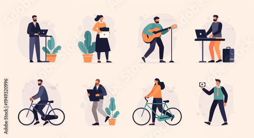 Diverse cartoon people engage in various activities like working, biking, and performing music