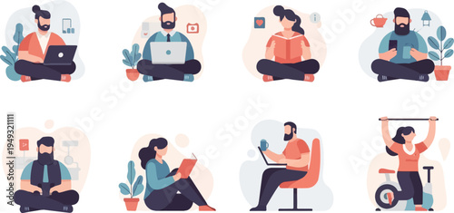 Diverse individuals engage in various leisure and work activities in stylized illustrations