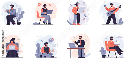 Diverse individuals engage in various modern activities and hobbies