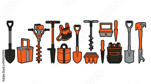 A collection of fourteen orange and black gardening tools, including shovels, augers, and bags, is displayed on a white background.