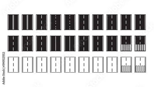 Road segments with various lane markings including solid and dashed lines and crosswalks in black and white.