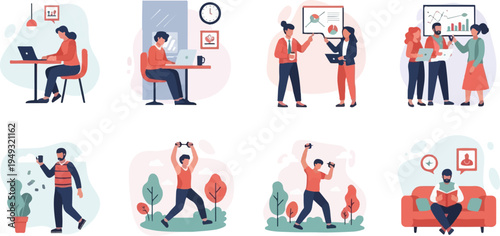 Diverse daily life activities including office work, exercise, and leisure