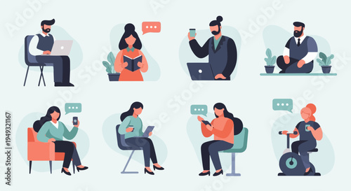 Diverse individuals engage in various modern activities, from digital communication to reading and exercise