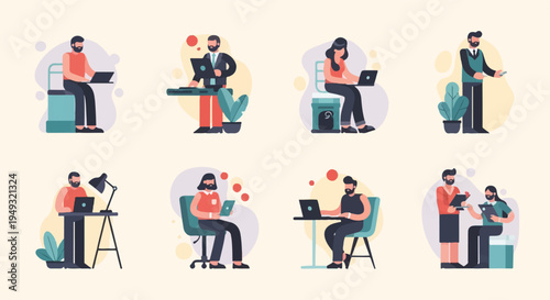 Diverse individuals engage in various modern work scenarios, utilizing laptops and tablets