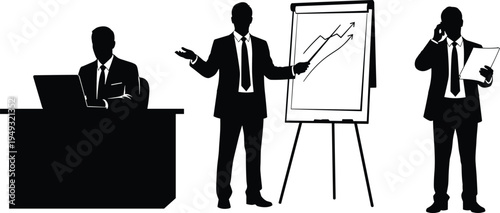 PrintBusinessman silhouette set office worker presenting chart working at desk and talking on phone corporate people vector illustration isolated