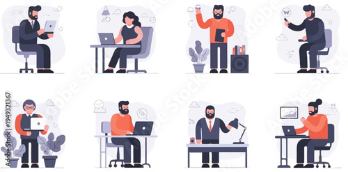 Diverse individuals engage in various office tasks, using laptops and interacting with technology