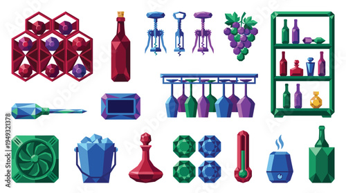 A set of sixteen geometric, pixel-style icons depicting wine and bar accessories is displayed on a plain white background.