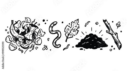 A set of five hand-drawn black and white illustrations shows the process and components of composting, including food scraps and an earthworm.