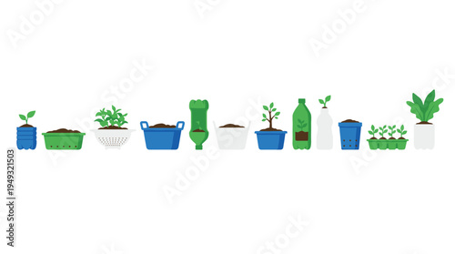 A collection of various plants and seedlings growing in repurposed containers like plastic bottles and colanders is illustrated in a flat vector style.