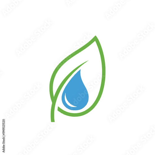 Abstract green leaf outline with blue water droplet icon, symbolizing nature, ecology, sustainability, freshness, and organic hydration.