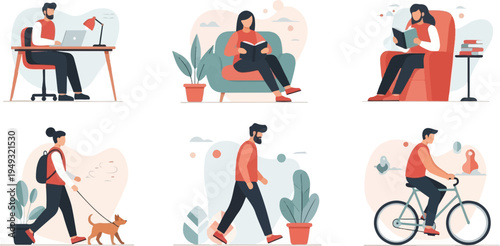 Diverse individuals engage in various relaxing and productive activities at home and outdoors