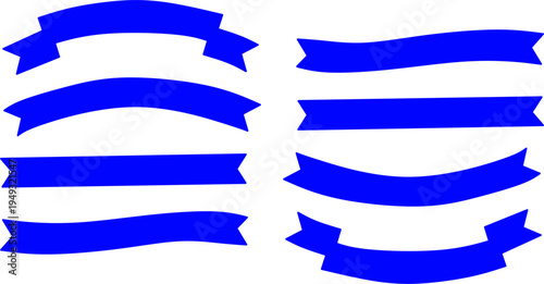Collection of blue ribbon banner shapes in different curved styles. Decorative blank ribbons for labels, badges, titles, awards, and vintage design elements.