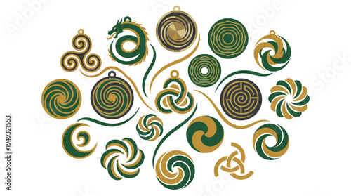 A collection of green and gold Celtic symbols, including a triskele, dragon, labyrinth, and various spiral knots, is arranged against a white background.