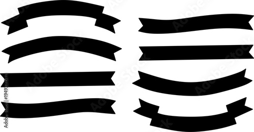 Collection of black ribbon banner shapes in different curved styles. Decorative blank ribbons for labels, badges, titles, awards, and vintage design elements.