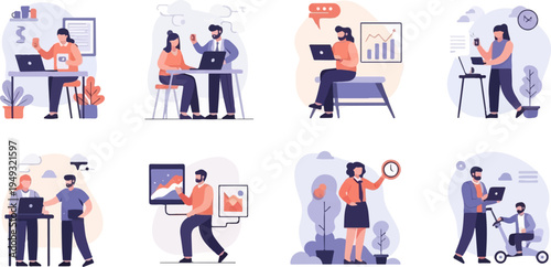 Diverse individuals engage in various tasks at desks, screens, and outdoors