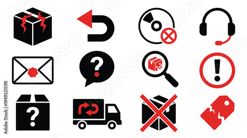 A collection of black and red icons representing shipping issues and returns, such as a damaged box, a return arrow, and a customer service headset.