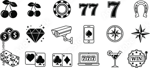 Casino gambling icons set cherry dice cards jackpot chip horseshoe compass cocktail win symbol vector illustration isolated