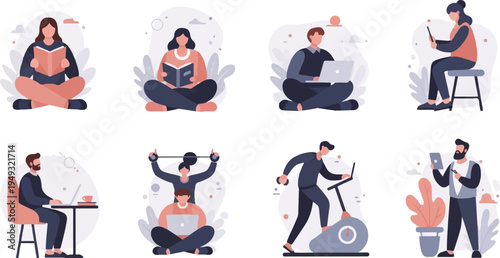 Diverse individuals engage in various activities like reading, working, and exercising