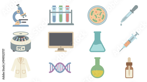A collection of twelve pastel-colored icons depicting scientific laboratory equipment is presented on a clean white background.