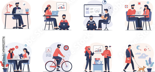 Diverse individuals engage in various activities like working, cycling, and walking a dog