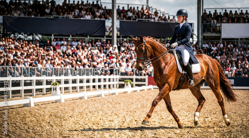 Elegant Chestnut Horse and Rider Performing Dressage in Front of a Large Crowd