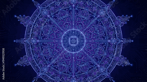 Symmetrical neon circuit mandala radiates futuristic purple glow in abstract geometric design