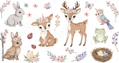 Whimsical forest animals illustration with rabbits deer and bird in natural setting with flowers and foliage