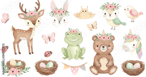 Whimsical forest animals and nests with floral crowns and pastel colors
