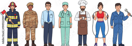 Professional workers characters collection including firefighter soldier office worker doctor chef fitness trainer mechanic vector illustration set