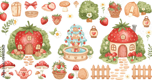 Whimsical strawberry houses and garden elements in watercolor style illustration