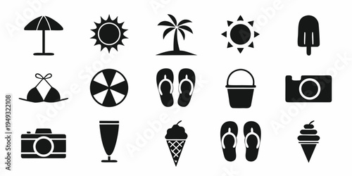 Black and white summer icons depicting beach elements and vacation themes