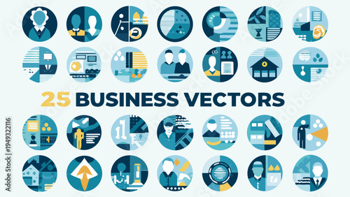 Collection of twenty five blue business vector icons in oval shapes