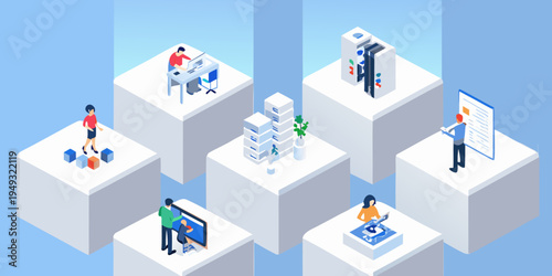 Isometric illustration depicting modern office work and data management concepts