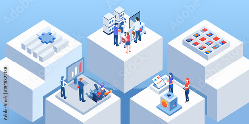 Isometric illustration of a modern factory with people and robotic systems