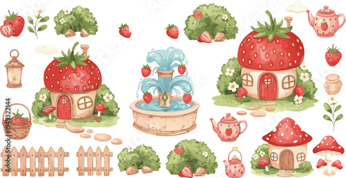 Whimsical strawberry houses and garden illustrations with various objects