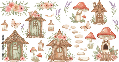 Whimsical illustration of fairy houses and mushrooms in a forest setting with flowers and foliage