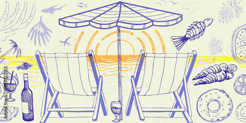 A whimsical illustration depicts a beach scene with chairs and marine life