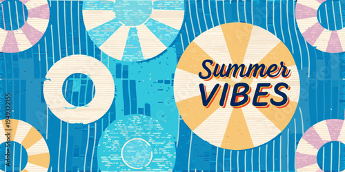 Colorful summer illustration featuring pool floats and vibrant text