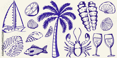 Blue line art illustration of tropical elements shells palm trees and sea life