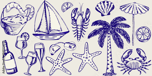 Vintage nautical sketch featuring seashells lobster boat and tropical elements