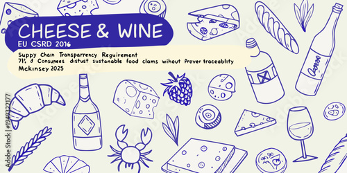 A whimsical illustration featuring cheese wine and accompanying food items