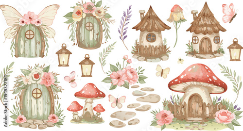 Whimsical fairy tale houses and mushrooms in a garden setting