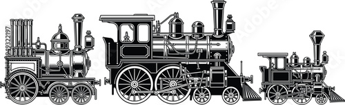 Vintage steam locomotive vector illustration set, classic railway train engines with detailed retro transportation design isolated on background