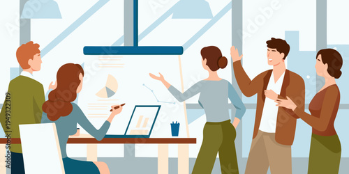 Team discussion and brainstorming session in a modern office environment