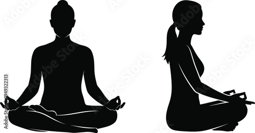woman yoga meditation silhouettes vector illustration, female sitting in lotus pose practicing mindfulness and relaxation, healthy lifestyle fitness wellness concept
