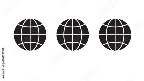 Globes black icon set with horizontal and vertical grid lines isolated on white background featuring symbol, vector, graphic with design element and
