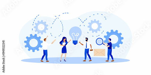 Team brainstorming session generating ideas with gears and lightbulbs