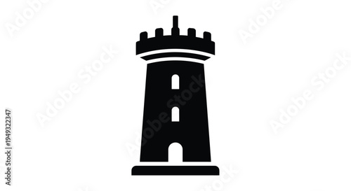 A stark black castle tower stands prominently in a simple silhouette