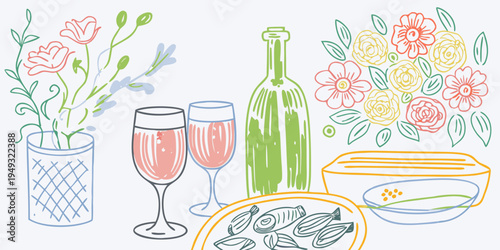 Celebratory illustration featuring champagne flowers and a seafood spread
