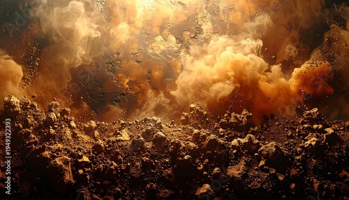 A dramatic scene of celestial chaos. Swirling dust and debris dominate, hinting at a cataclysmic event with a fiery glow